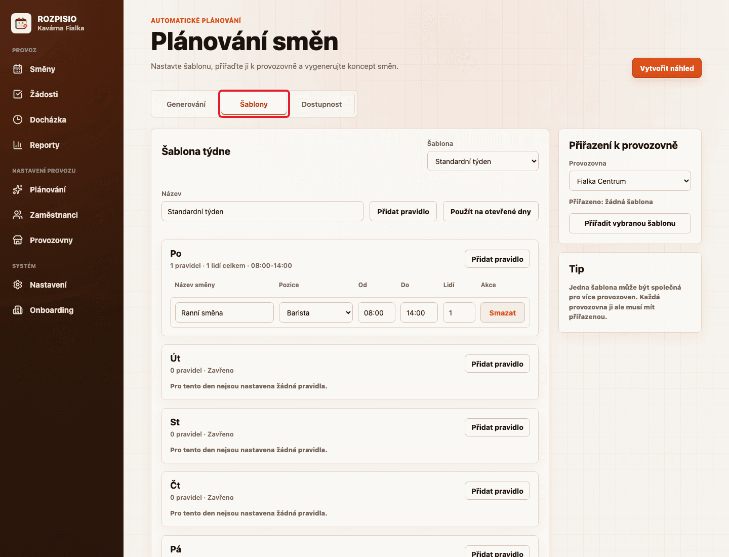 Záložka Šablony v plánování směn zvýrazněná červeným rámečkem