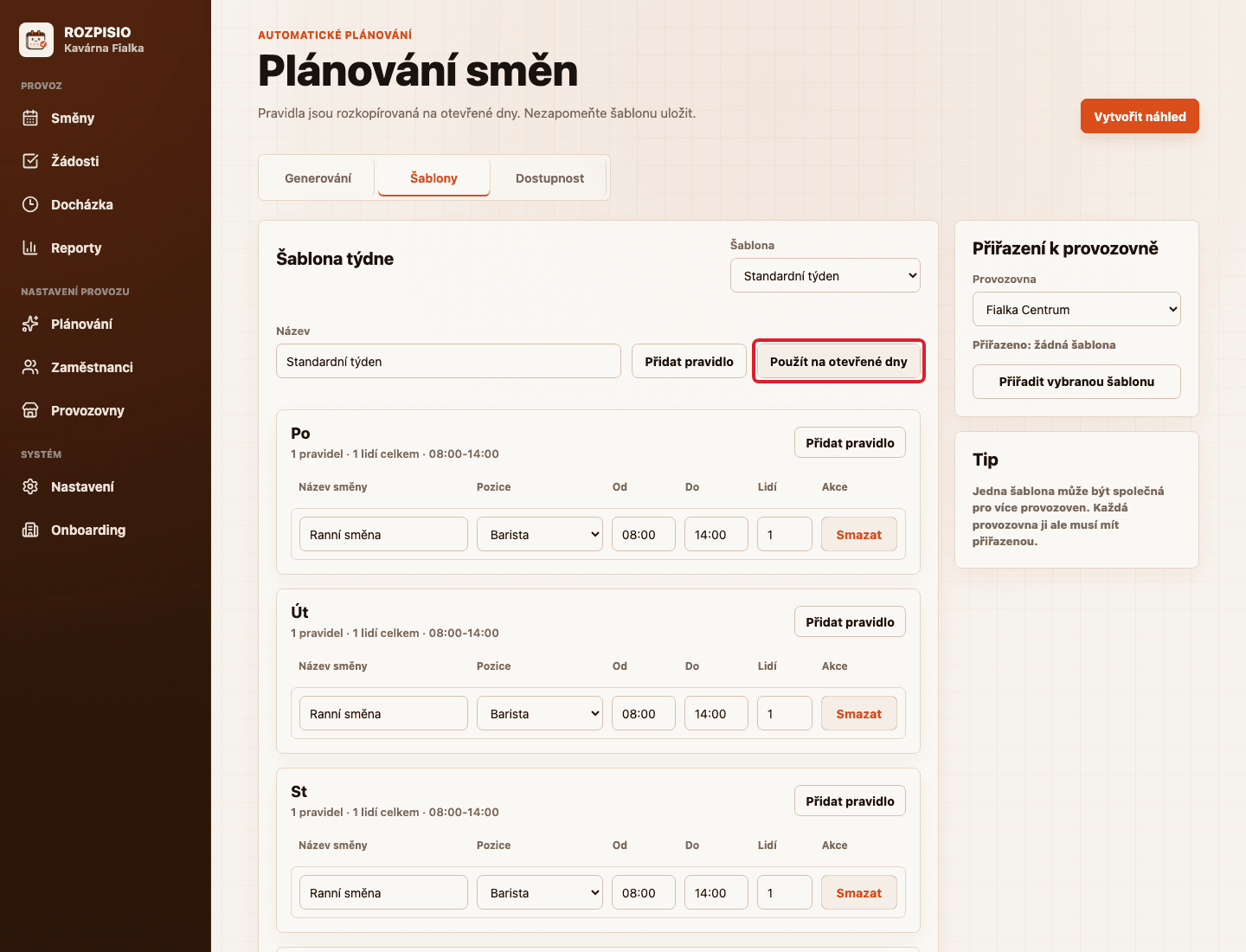 Tlačítko Použít na otevřené dny zvýrazněné červeným rámečkem