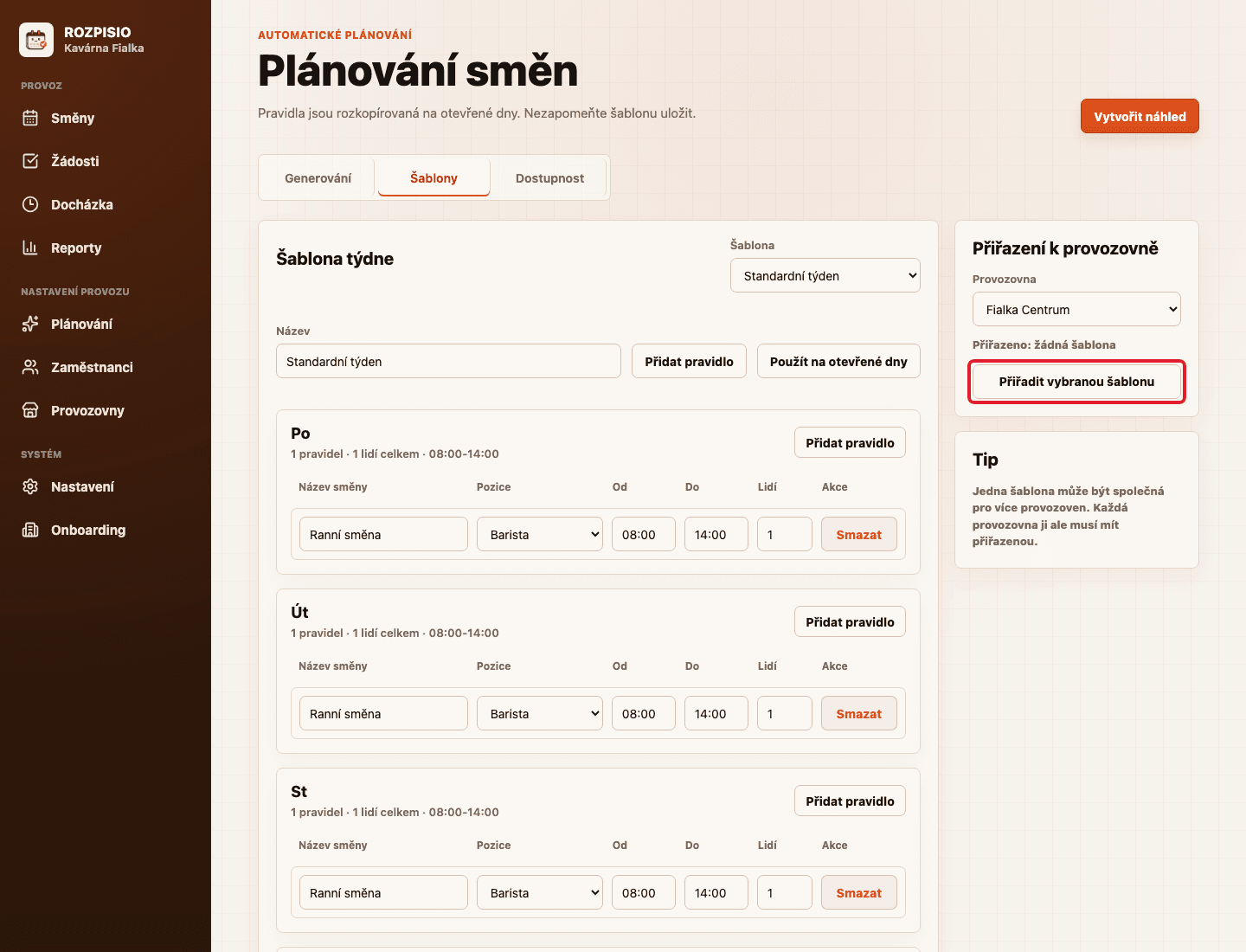 Tlačítko Přiřadit vybranou šablonu zvýrazněné červeným rámečkem